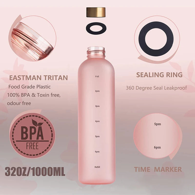 Premium 1L Motivational Water Bottle with Time Marker - BPA-Free, Leakproof Frosted Plastic, 32oz Reusable Sports and Fitness