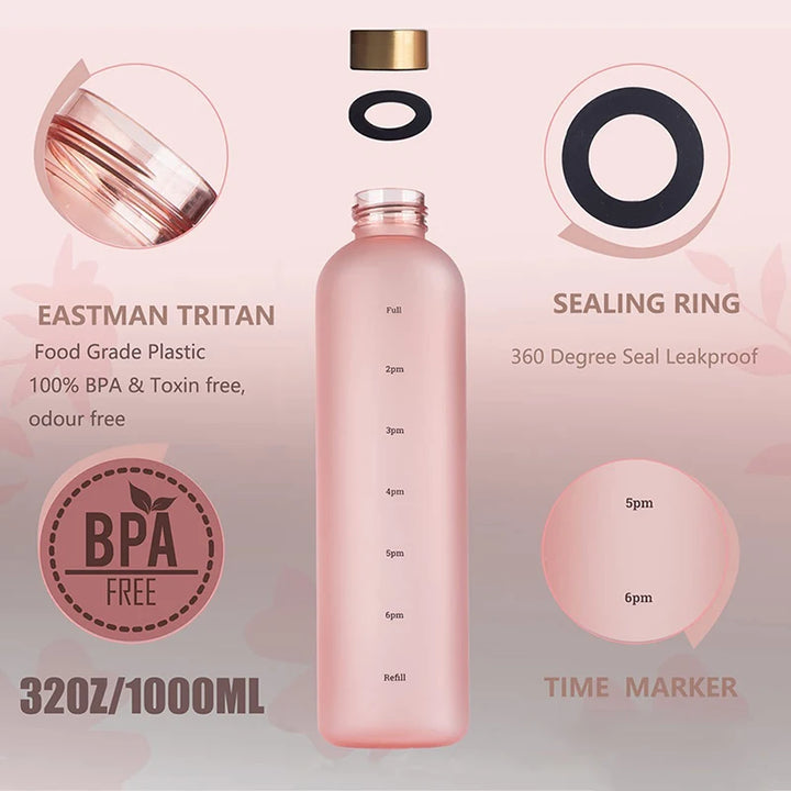 Premium 1L Motivational Water Bottle with Time Marker - BPA-Free, Leakproof Frosted Plastic, 32oz Reusable Sports and Fitness