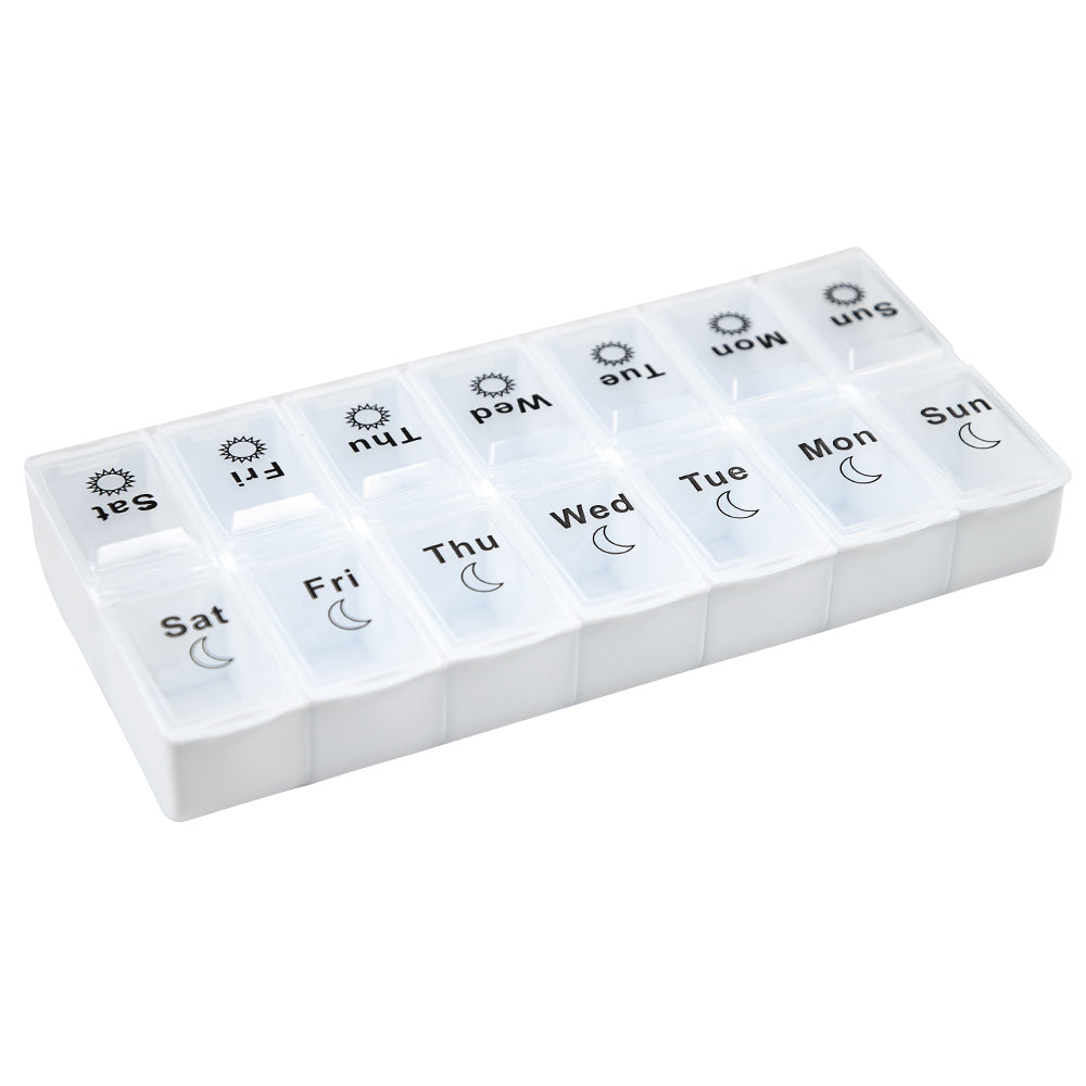 Premium Weekly Travel Pill Organizer – 7-Day 14-Grid Medicine Storage Box for Tablets, Vitamins, Fish Oils, and Supplements