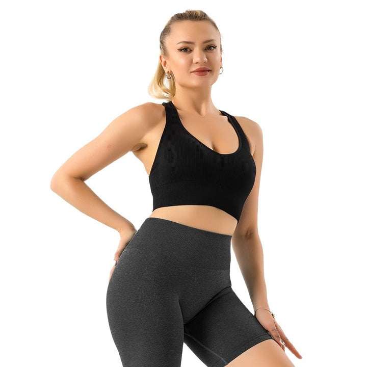 Premium Ribbed Seamless Sports Bra – Low-Medium Impact, Elastic, Breathable Fitness Top with Intricate Strap Design