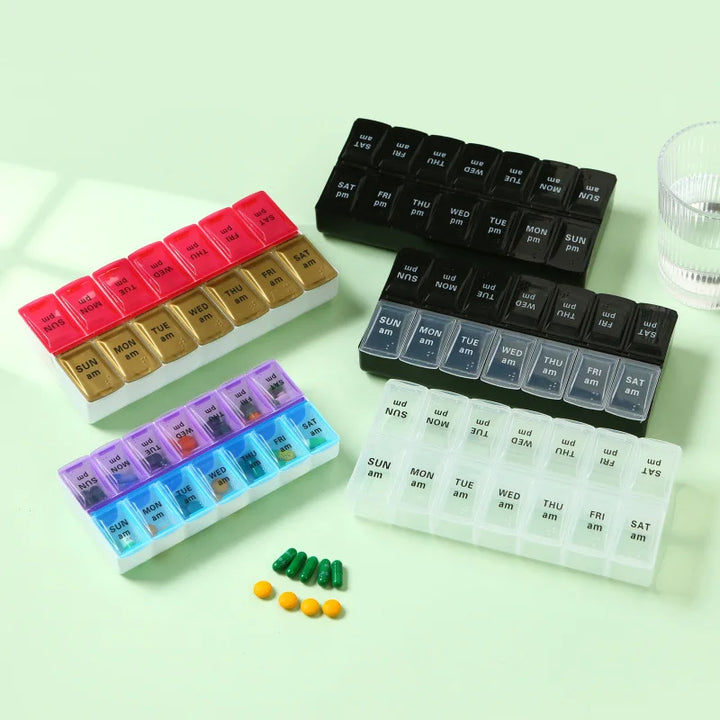 Premium Weekly Travel Pill Organizer – 7-Day 14-Grid Medicine Storage Box for Tablets, Vitamins, Fish Oils, and Supplements