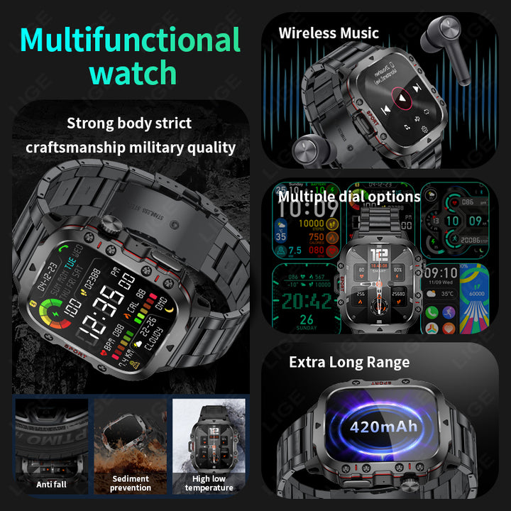 Premium Outdoor Sports Fitness Smartwatch for Men – 1.96" Screen, Bluetooth Calling, IP68 Waterproof, Heart Rate, Blood 