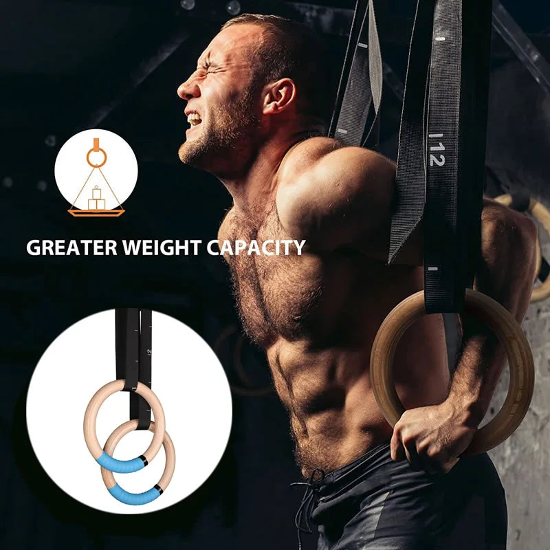 Premium Gymnastics Rings – Adjustable Wooden Rings with Nylon Straps for Kids & Adults, 400kg Load Capacity, Ideal for Home