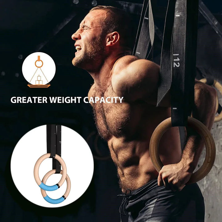 Premium Gymnastics Rings – Adjustable Wooden Rings with Nylon Straps for Kids & Adults, 400kg Load Capacity, Ideal for Home