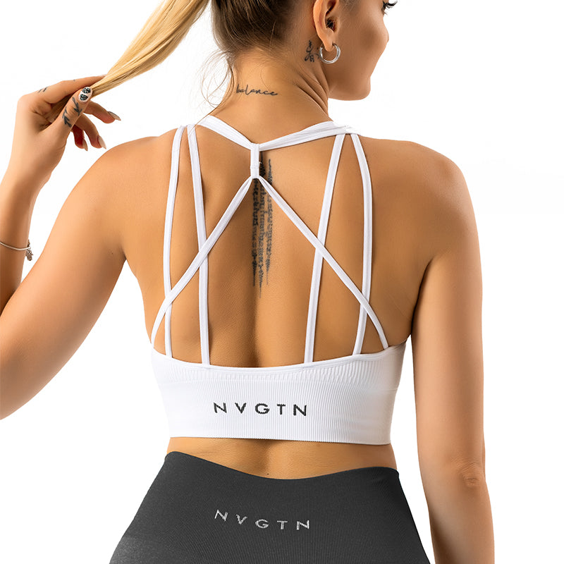 Premium Ribbed Seamless Sports Bra – Low-Medium Impact, Elastic, Breathable Fitness Top with Intricate Strap Design