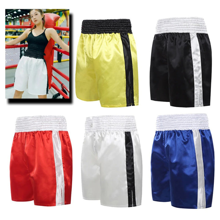 High Quality Muay Thai Fight Shorts – Unisex Kickboxing & MMA Training Pants for Men, Women, Kids, Competition & Grappling Gear with Embroidery, Adjustable Waistband, Satin Polyester, Sanda Martial Arts Clothes