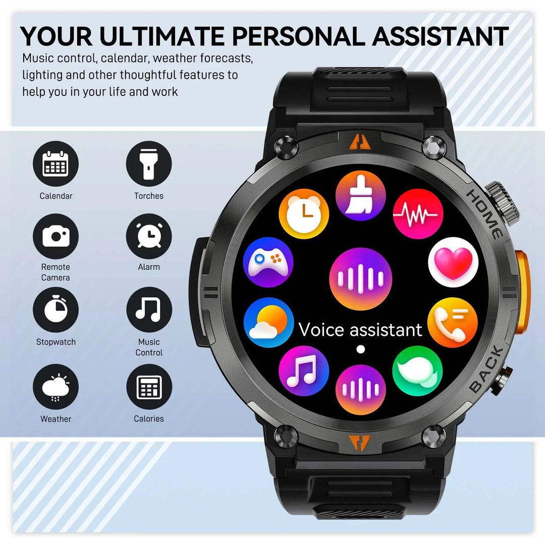 Premium Smartwatch für Herren, Bluetooth-Anruf, Voll-Touchscreen, Gesundheitsmonitor, IP68 wasserdicht, Fitness-Tracker, Taschenlampe, benutzerdefinierte Zifferblätter, iOS- und Android-kompatibel