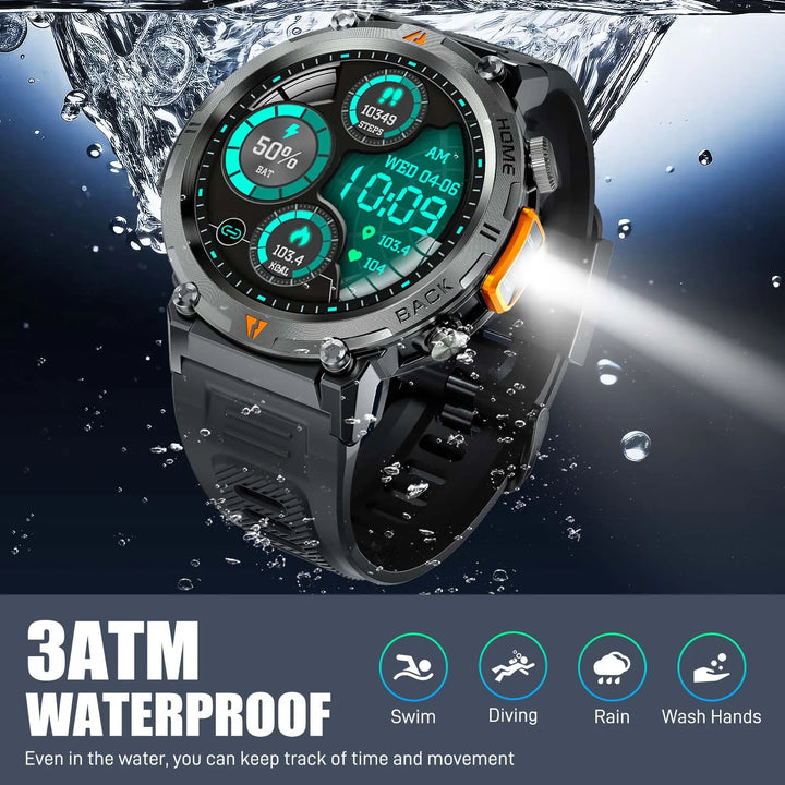 Premium Smartwatch für Herren, Bluetooth-Anruf, Voll-Touchscreen, Gesundheitsmonitor, IP68 wasserdicht, Fitness-Tracker, Taschenlampe, benutzerdefinierte Zifferblätter, iOS- und Android-kompatibel