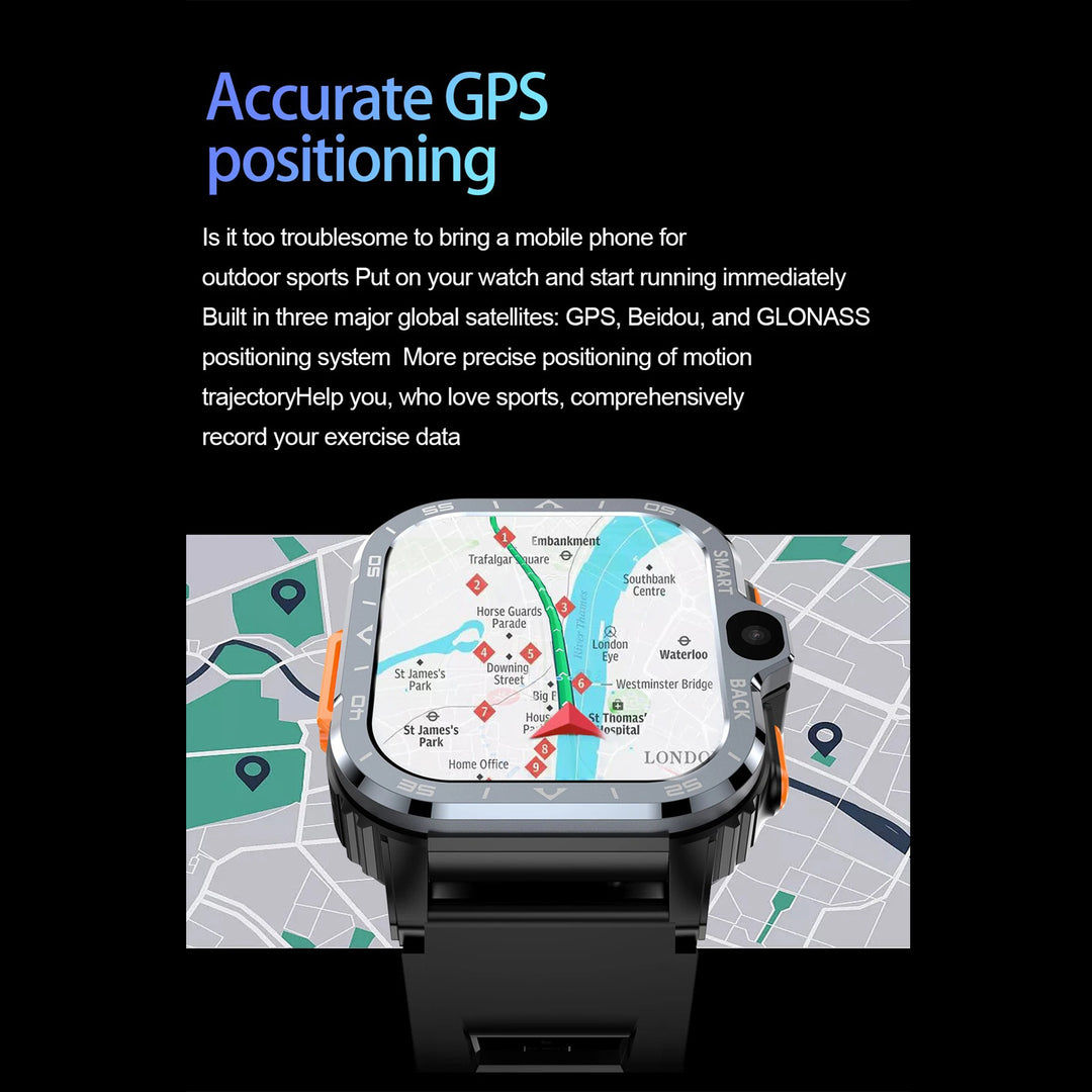 Premium 4G Android Smartwatch for Men – 2.03" HD Dual Camera, GPS, 64GB ROM, NFC, Wi-Fi, Bluetooth, Heart Rate Monitoring, Step Counter, SIM Card Support