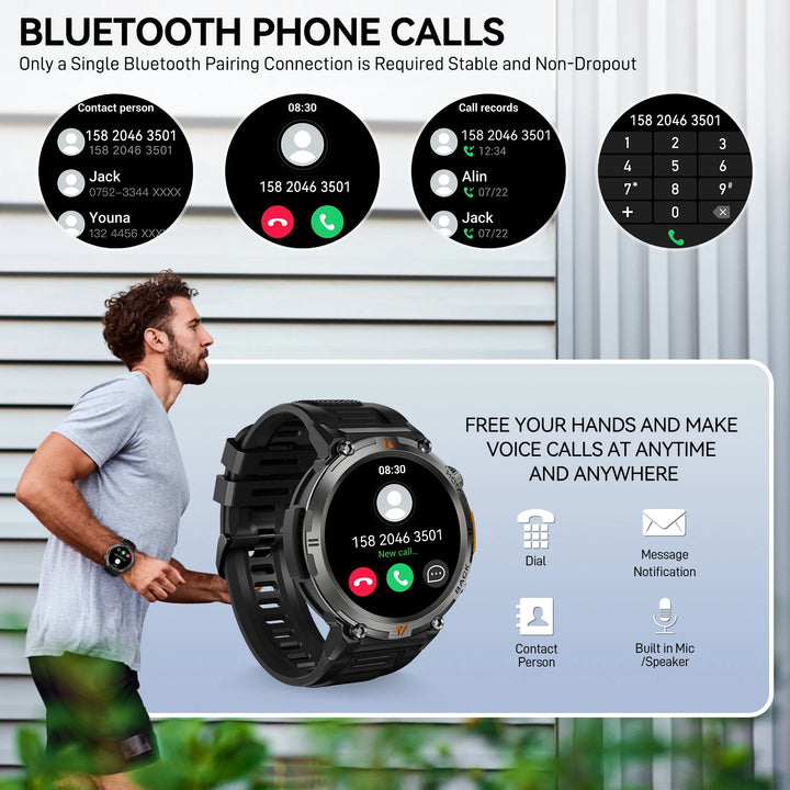 Premium Smartwatch für Herren, Bluetooth-Anruf, Voll-Touchscreen, Gesundheitsmonitor, IP68 wasserdicht, Fitness-Tracker, Taschenlampe, benutzerdefinierte Zifferblätter, iOS- und Android-kompatibel