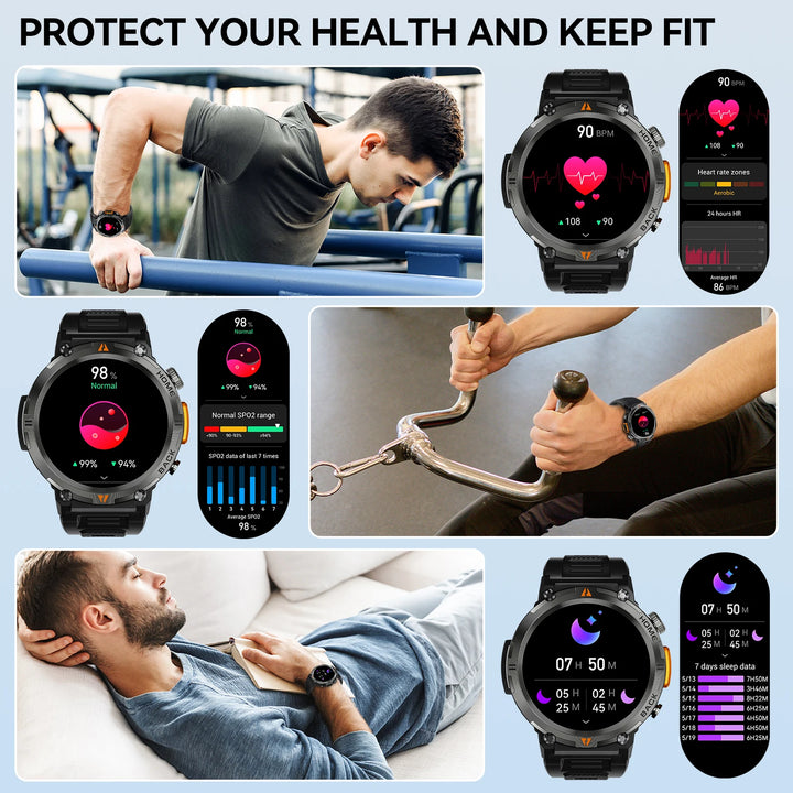 Premium Smartwatch für Herren, Bluetooth-Anruf, Voll-Touchscreen, Gesundheitsmonitor, IP68 wasserdicht, Fitness-Tracker, Taschenlampe, benutzerdefinierte Zifferblätter, iOS- und Android-kompatibel
