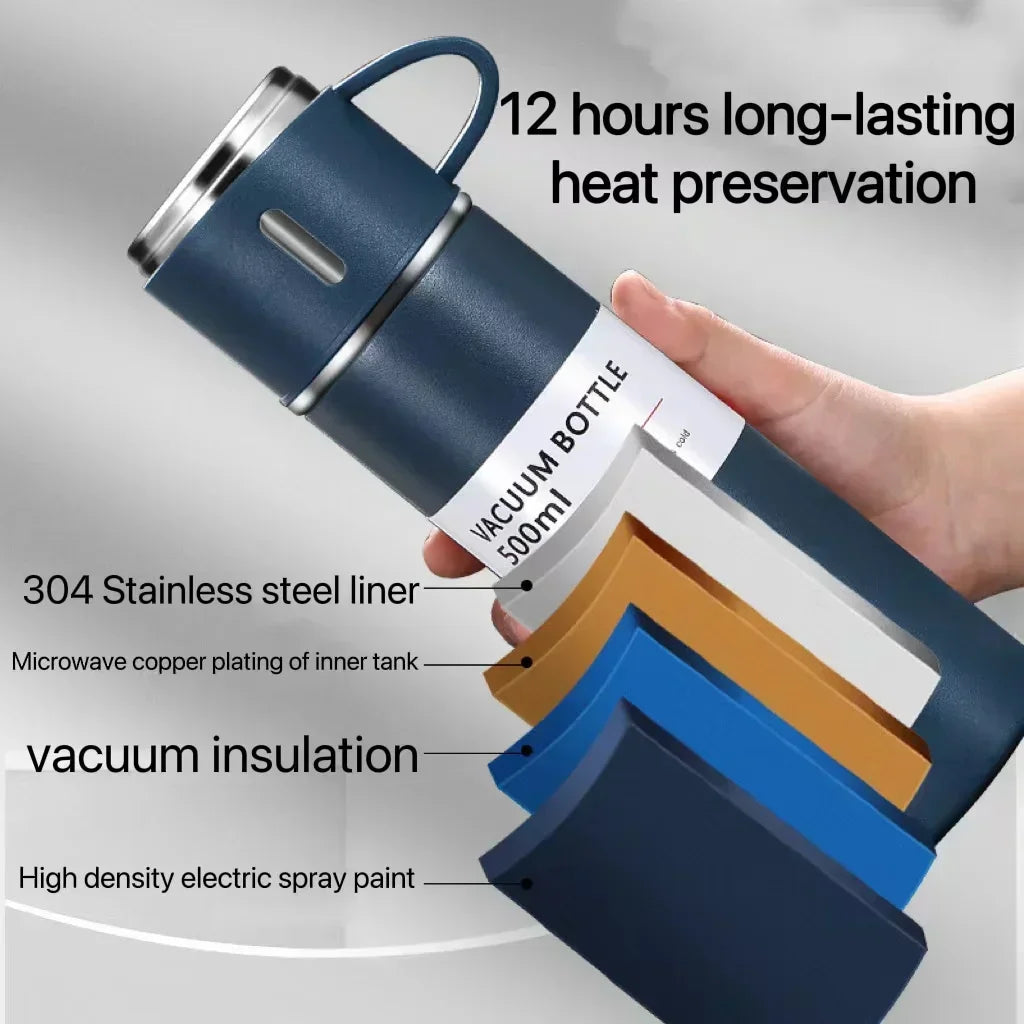 Luxury Stainless Steel Vacuum Flask 500ml - Shimmering Business Style Thermos Bottle, Insulated Hot & Cold Coffee Mug with 