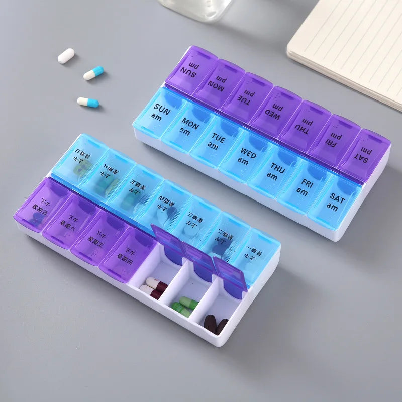 Premium Weekly Travel Pill Organizer – 7-Day 14-Grid Medicine Storage Box for Tablets, Vitamins, Fish Oils, and Supplements