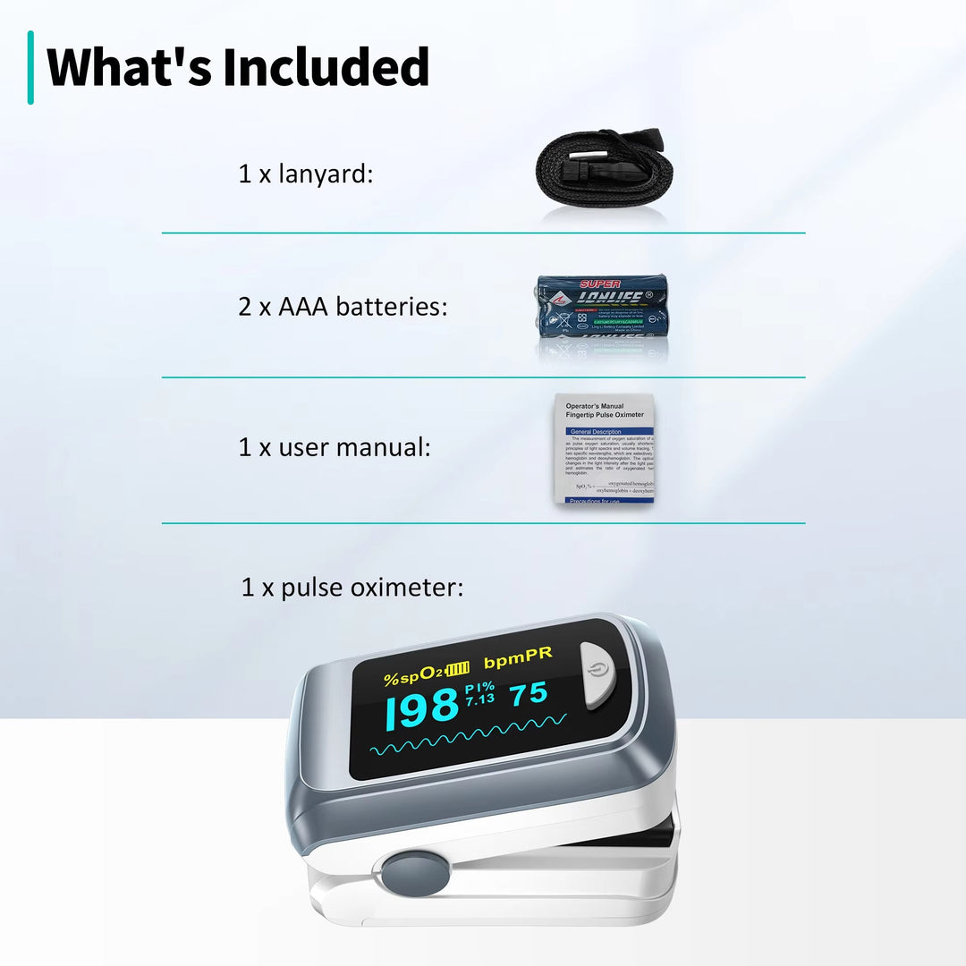 Premium Fingertip Pulse Oximeter – SPO2, Heart Rate, and Perfusion Index Monitor with OLED Display, Fast 8-Second Reading, and Auto Shut-Down, Ideal for Adults and Teens Above 12