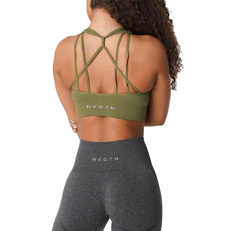 Premium Ribbed Seamless Sports Bra – Low-Medium Impact, Elastic, Breathable Fitness Top with Intricate Strap Design
