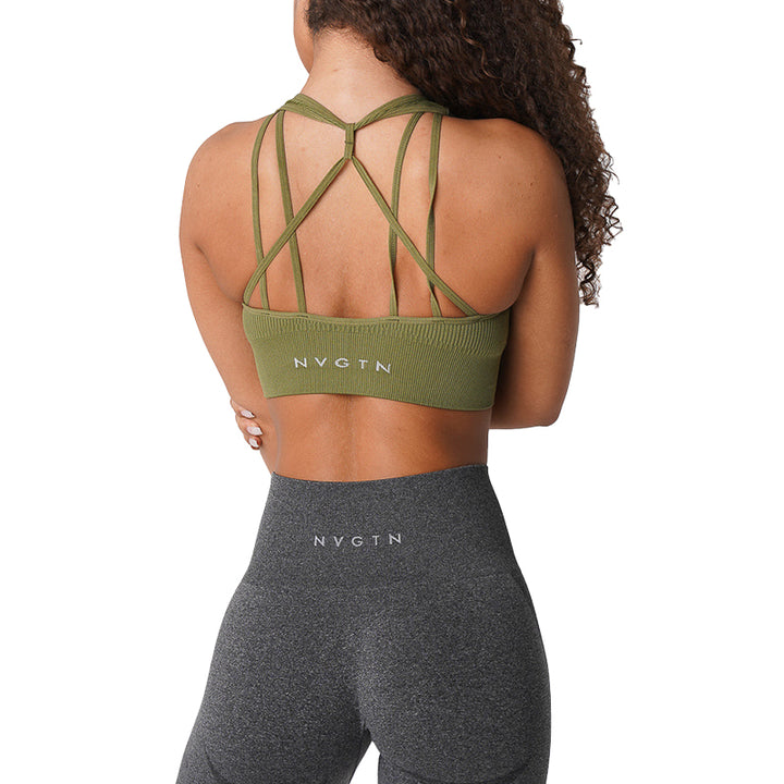 Premium Ribbed Seamless Sports Bra – Low-Medium Impact, Elastic, Breathable Fitness Top with Intricate Strap Design