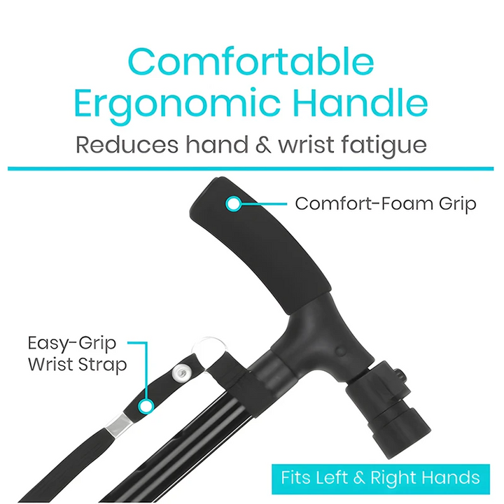 Premium Collapsible Telescopic Cane with LED Light & Alarm – Adjustable Elder Walking Stick with 4-Feet Base for Stability, 