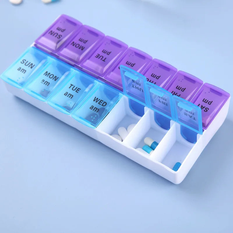 Premium Weekly Travel Pill Organizer – 7-Day 14-Grid Medicine Storage Box for Tablets, Vitamins, Fish Oils, and Supplements